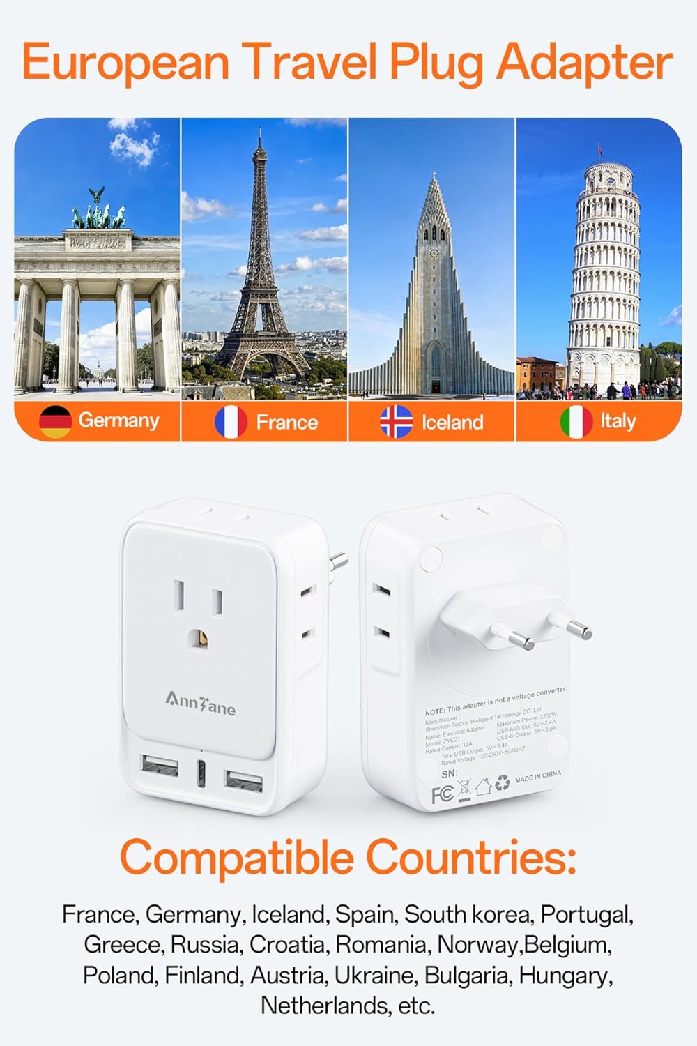 2 Pack European Travel Adapter, US to Europe Plug Adaptor with 4 Outlets 3 USB Charging Ports, Type C Power Adapter for USA to EU Euro Spain France Iceland Italy Germany Greece, White - Image 2