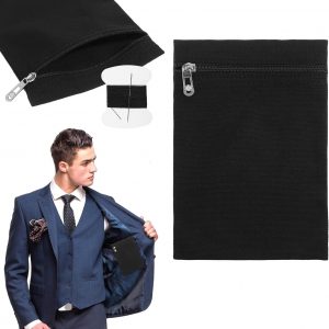 Black Sewing Hidden Pocket with Zipper, Hidden Travel Wallet for Coat Inside Pockets with Sewing Wire, for Jacket, Hoodie, Sweatshirt, Puffer