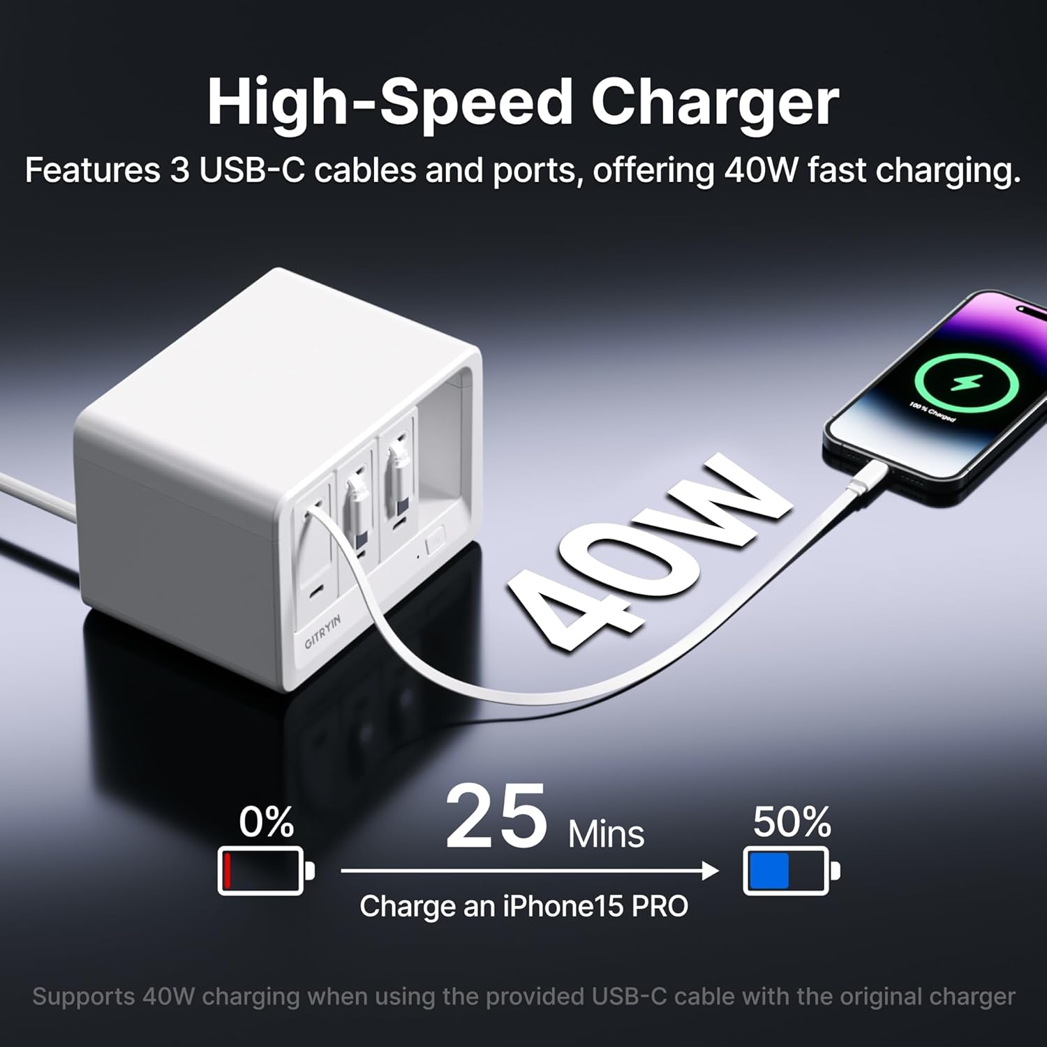 Gitryin 11-in-1 Desktop Charging Station with 3 Retractable Wall Chargers, 40W USB-C Power Strip with 5 AC, 3 USB C, 3 Type-C 33.5in Cables, Extension Cord with 1020J Surge Protection for Home Office - Image 4