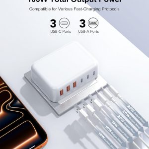 Fast Charger Block, GaN 6 Port USB C Charging Station Hub Cube, 100W Multiport Type C Wall Charger Power Strip Plug with PD 3.0+QC for iPhone13 14 15 16 17 Pro Max XR XS 8 7, Samsung, iPad, Table