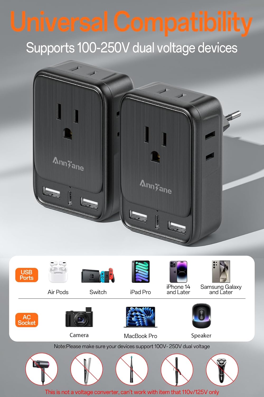 2 Pack European Travel Adapter, US to Europe Plug Adaptor with 4 Outlets 3 USB Charging Ports, Type C Power Adapter for USA to EU Euro Spain France Iceland Italy Germany Greece, Black - Image 6