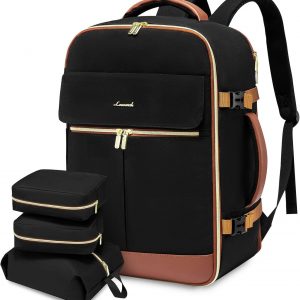 LOVEVOOK Carry On Backpack, 50L Travel Backpack Women with 3 Packing Cubes, TSA Airline Approved Suitcase Bag as Personal Item, Waterproof 18 inch Laptop Backpack for Weekender Overnight,Black-Brown