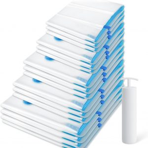 18 Pack Vacuum Storage Bags，Space Saver Bags(4 Jumbo/4 Large/4 Medium/3 Small/3 Roll),Compression for Comforters and Blankets, Sealer Clothes Storage, Hand Pump Included