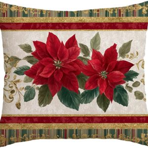 ubcindy Christmas Poinsettia Winter Throw Pillow Covers 18×18 Inch, Red Green Golden Art Home Decor Pillowcases with Hidden Zipper, Square Cushion Covers Pillow Covers for Sofa Bed Couch Car Chair