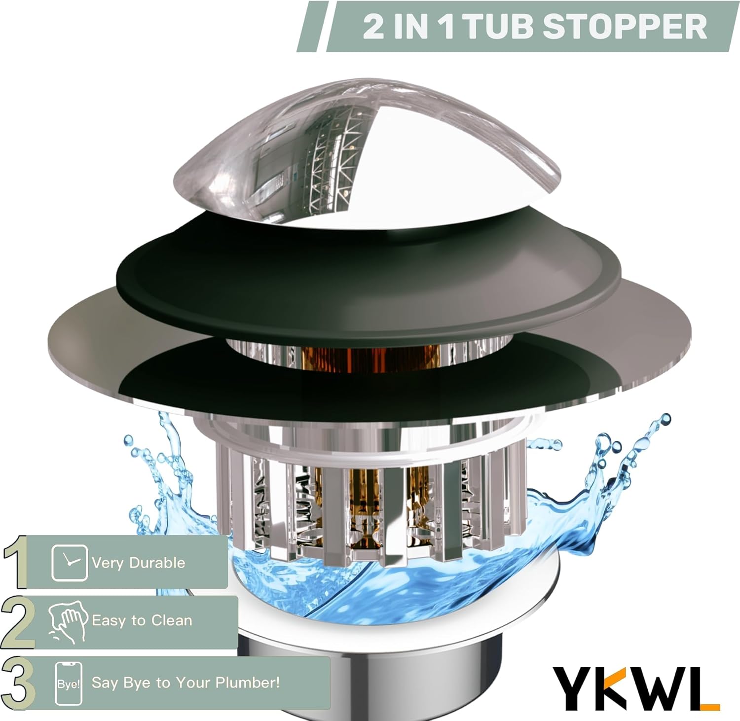 Bathtub Drain Stopper, Bath tub Drain Hair Catcher, Universal Bathtub Stopper, Bath tub Plug, Pop-up Tub Stopper with Effective Filter Basket, Anti-Clogging Sink Stopper & Tub Shroom (Chrome) - Image 2