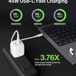 Belkin Dual Port Charger Block 45W – C to C Cable Inlcuded – GaN PD3.0 Super Fast Charging – Samsung Galaxy S25, MacBook, iPhone 17, iPad, AirPods, Google Pixel 10, Nintendo Switch 2 & More – White