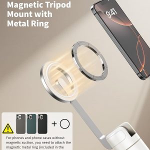 TONEOF 68″ Magnetic Selfie Stick Tripod with Aluminum Strong Magnetic Holder for Magsafe, 360° Rotatable Travel Phone Tripod Stand with Metal Ring & Rechargeable Remote for iPhone/Android(Beige Gray)