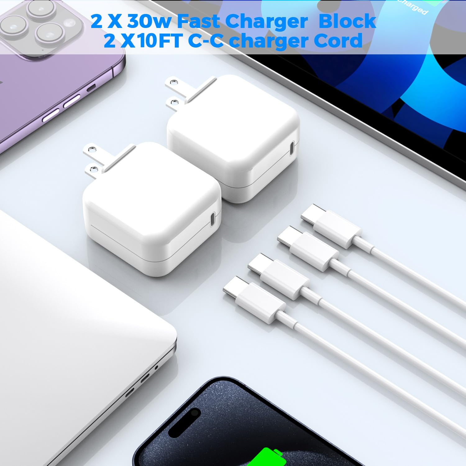 USB C Charger for MacBook Air MacBook Pro 13 14 15 16 inch,M1 M2 M3 Apple Laptop Charge,2Pack 30W USBC Power Adapter,Compatible with iPhone 17/16/15 Pro Max,10FT Extra Long Cable Mac Book Pro,iPad Pro - Image 4