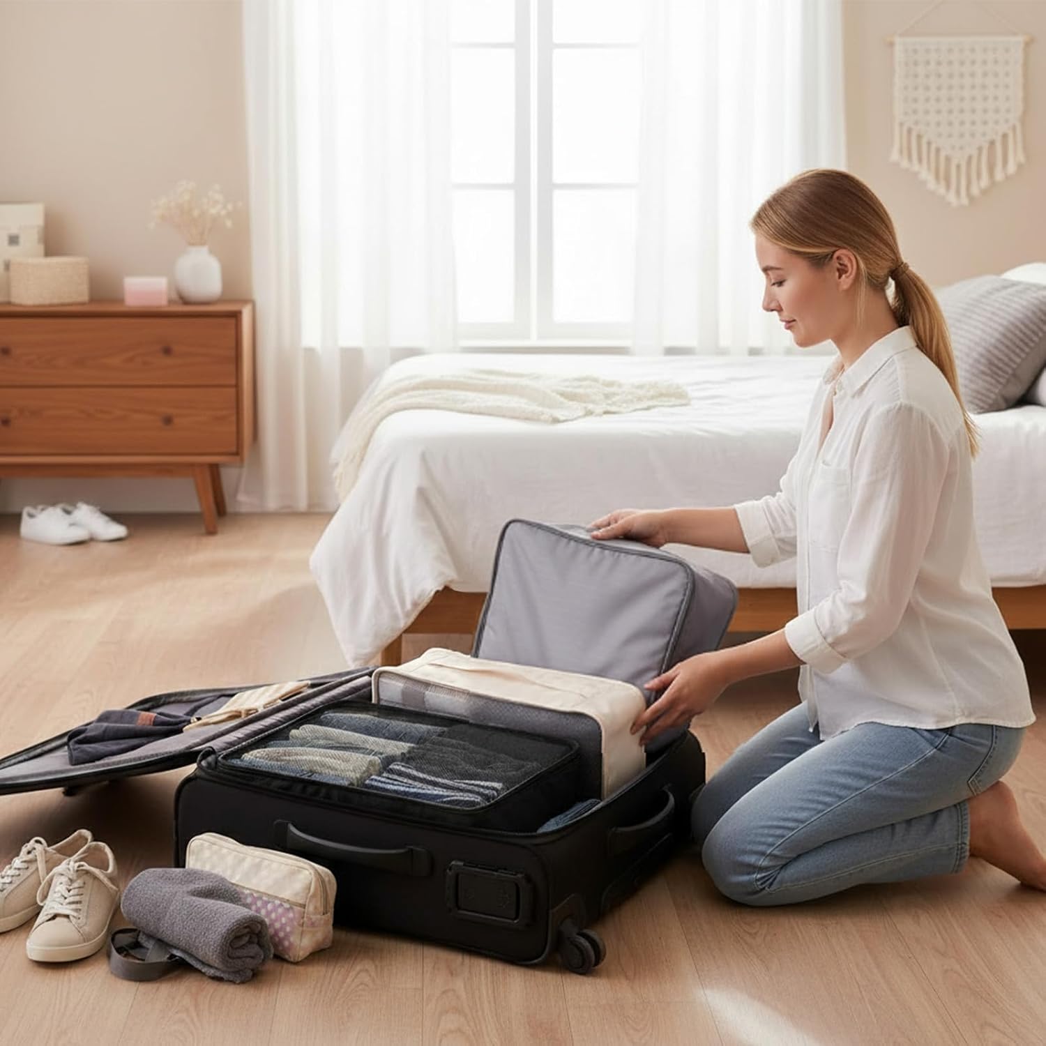 SHENLIU 12 Pcs XL Packing Cube for Travel Luggage Organizer, 17.7 x 12.99 x 4.72 inches Reusable Black Gray Beige Mesh Travel Luggage Bags for Hiking Camping Accessory - Image 5