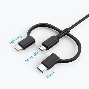 Anker Powerline II 3-in-1 Cable, Lightning/Type C/Micro USB Cable for iPhone, iPad, Huawei, HTC, LG, Samsung Galaxy, Sony Xperia, Android Smartphones, iPad Pro 2018 and More(3ft, Black)
