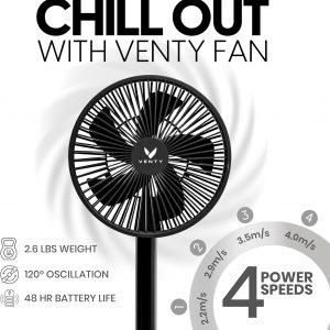 VENTY Portable Fan – Wireless Battery Operated Fan – 4 Speeds – LED Lighting – Carry Case & Remote Control – Cruise Travel – Outdoor Travel RV Power Bank With USB-C Port (Black with Case)