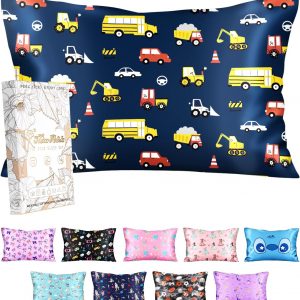 Miss Adola Silk Pillowcase for Kids – 30 x 20 Inches Queen Size Mulberry Silk Pillow Case with Zipper Cute Cartoon Kawaii Teens Girls Boys Pillowcase for Hair and Skin, Red Yellow Car