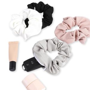 4 PCS Pocket Scrunchies Elastics Hair Ties Hair Band with Hidden Zipper Stash Scrunchy Ponytail Holder Key Money Storage Bag Secret Compartment for Thin Fine Curly Hairs