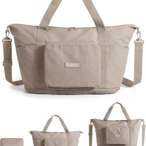 BAGSMART Foldable Travel Bag, 37L Duffle Bag for Travel, Expendable Carry on Weekender Duffel, Lightweight Personal Item Bag, Camel