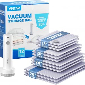 Vacuum Seal Bags for Clothing Travel, VINTAR 12 Pack Vacuum Storage Bags with Rechargeable Wireless Pump, Space Saver Bags(3 Jumbo+3 Large+3 Medium+3 Small) for Travel Luggage, Suitcase Storage