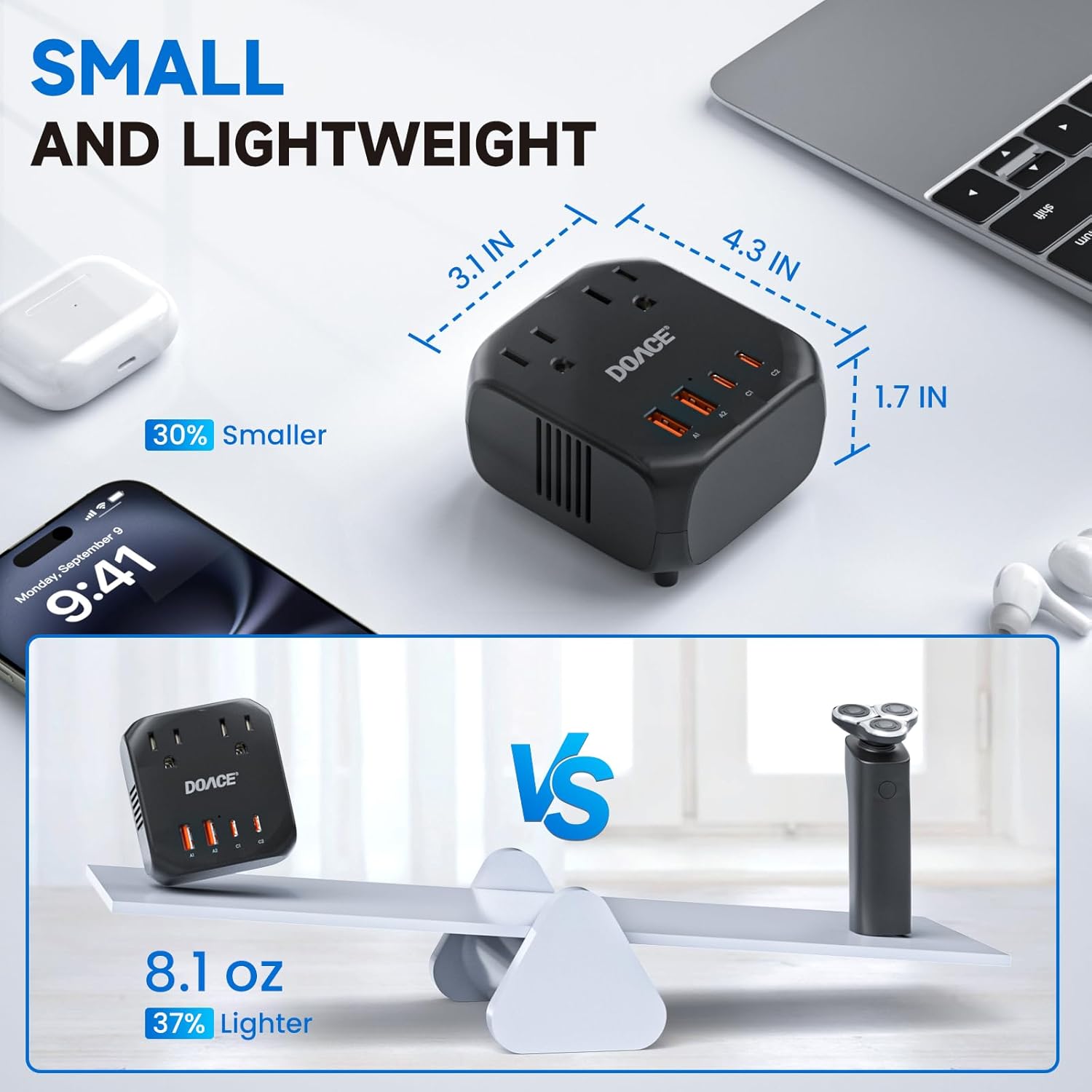 DOACE 220V to 110V Voltage Converter US to Europe, 2000W Travel Voltage Converter for Hair Dryer Straightener Curling Iron,10A Power Adapter with PD20W 2USB and UK/EU/AU Plugs, Black - Image 7