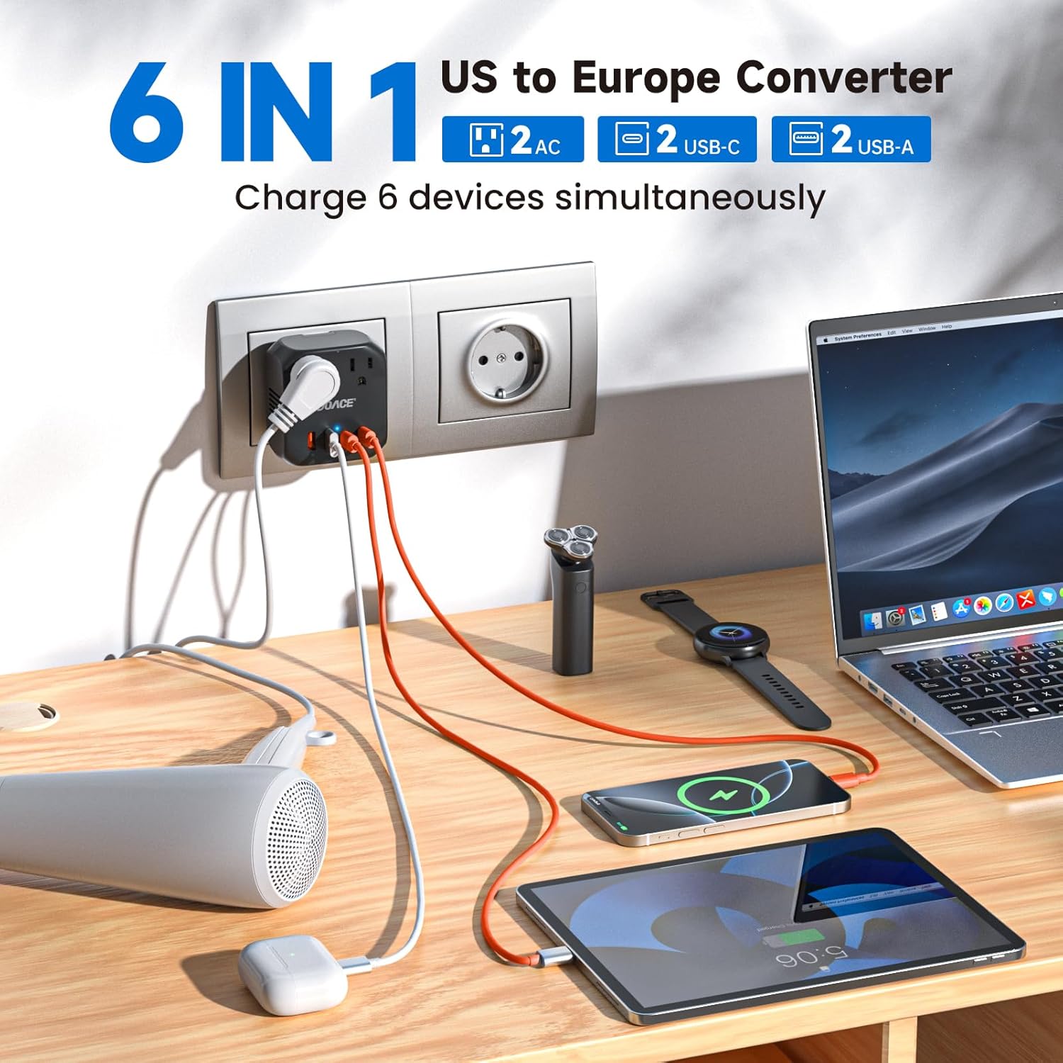 DOACE 220V to 110V Voltage Converter US to Europe, 2000W Travel Voltage Converter for Hair Dryer Straightener Curling Iron,10A Power Adapter with PD20W 2USB and UK/EU/AU Plugs, Black - Image 2