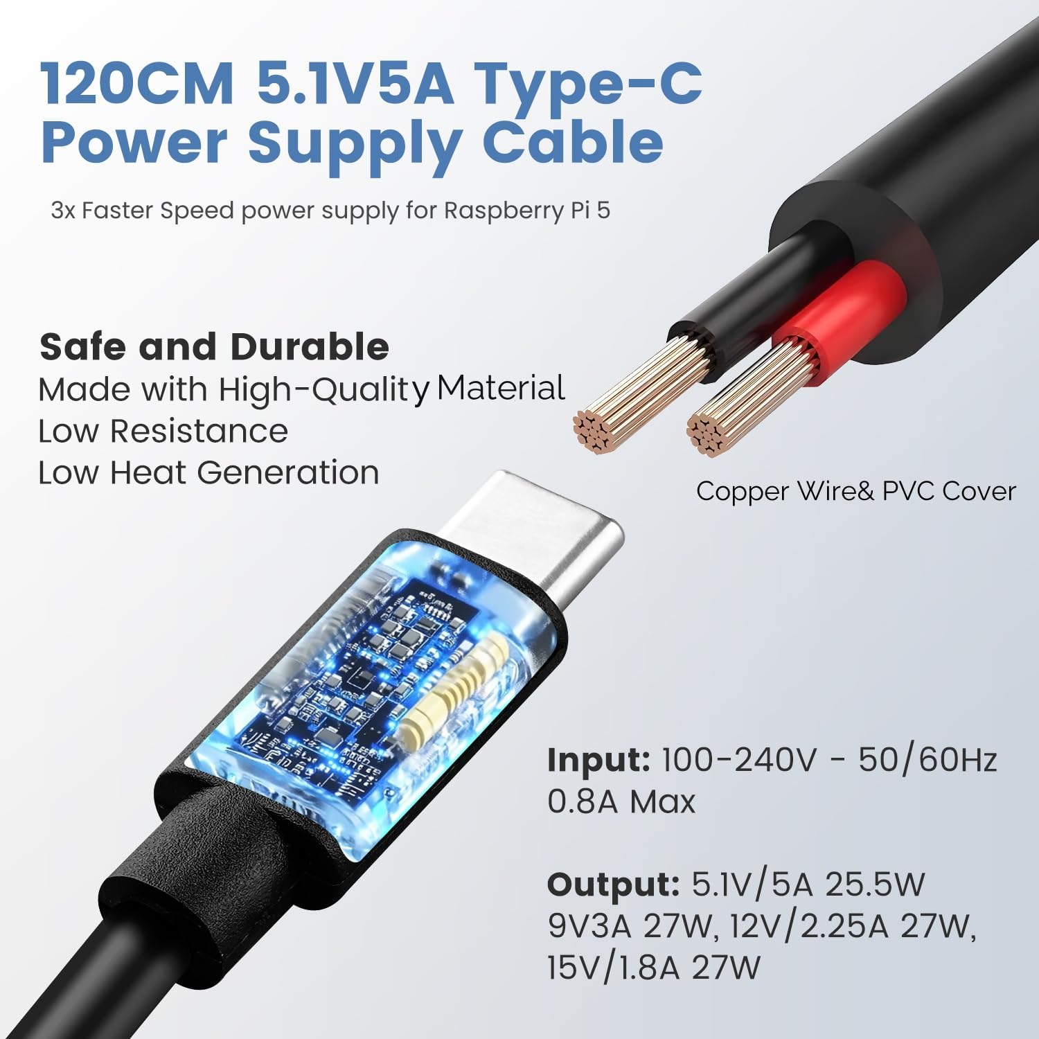 RasTech for Raspberry Pi 5 GaN PD 27W Power Supply 5.1V 5A USB-C Pi 5 Power Adapter for Raspberry Pi 5 16GB/8GB/4GB/2GB - Image 4