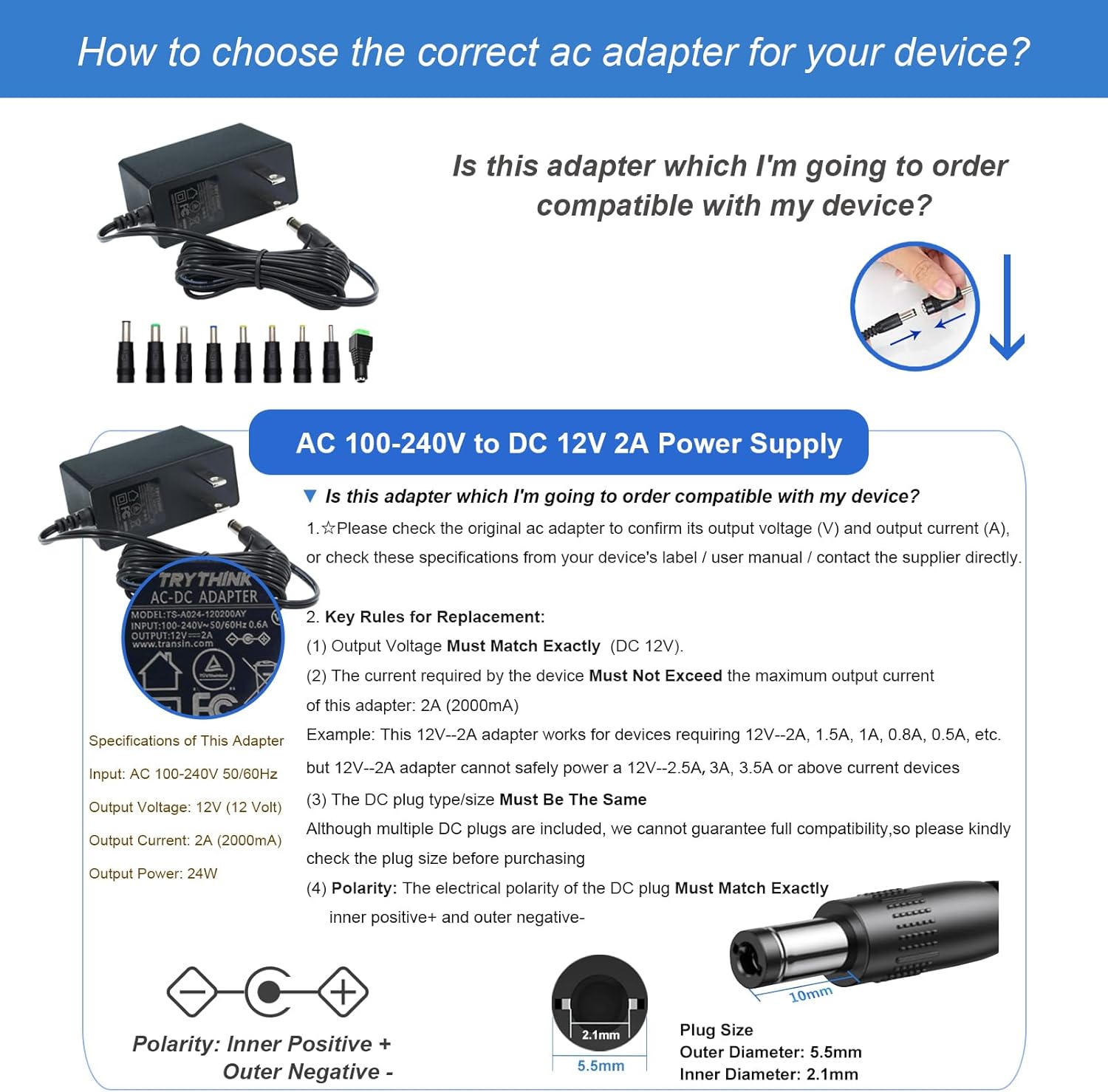 12V Power Supply, 12V 2A 24W Power Supply AC100-240V to DC 12 Volt Adapter with 5.5mm x 2.1mm Tip and 9 Interchangeable Jacks Plug for LED Strip Lights, CCTV Cameras, Routers and More - Image 7