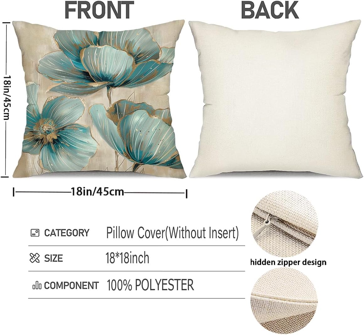 LSMIAO Print Green Poppy Flowers Throw Pillow Covers, Teal Blue Floral Pattern, 18x18 Inch, 100% Polyester, Hidden Zipper, Set of 4, Green Plants Decoration Cushion Covers, Without Pillow Inserts - Image 5