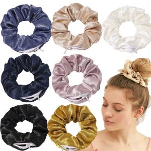7 Piece Satin Scrunchies with Velvet Hidden Pocket and Zipper for Hair Ties, Metallic Colorful Bands for Girls and Women, and Chapstick Storage Wallet (Crystal Silk)