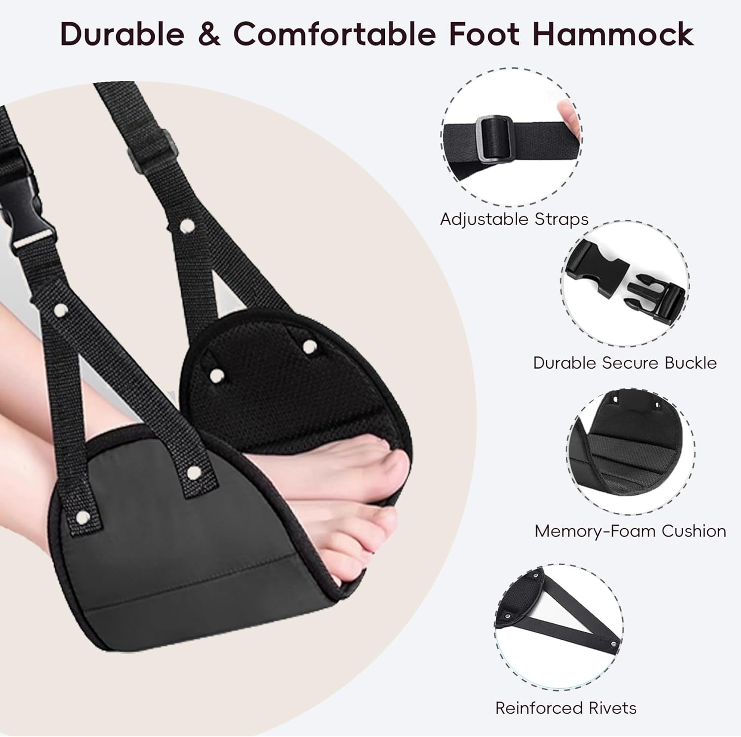 Foot Hammock for Plane Travel, Airplane Foot Hammock, Adjustable Foot Rest Sling, Airplane Gadgets Travel Essentials for Long Time Flight (Black) - Image 3