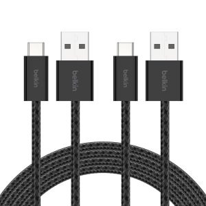 Belkin USB A to USB C Cable 2-Pack, 6.6ft, 15W – Type C Charger, iPhone Charger Cord, Soft, Braided, Flexible for iPhone 17 & 16, Galaxy S25, Pixel 10, iPad Pro, Airpods Pro, Switch & More – Black