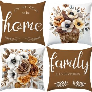 BEWQ Flowers Home Throw Pillow Covers, 18X18 inch Set of 4 Square Modern Family is Everything Outdoor Pillow Cases Decorative Cushion Covers, for Home Couch Sofa Car Decor