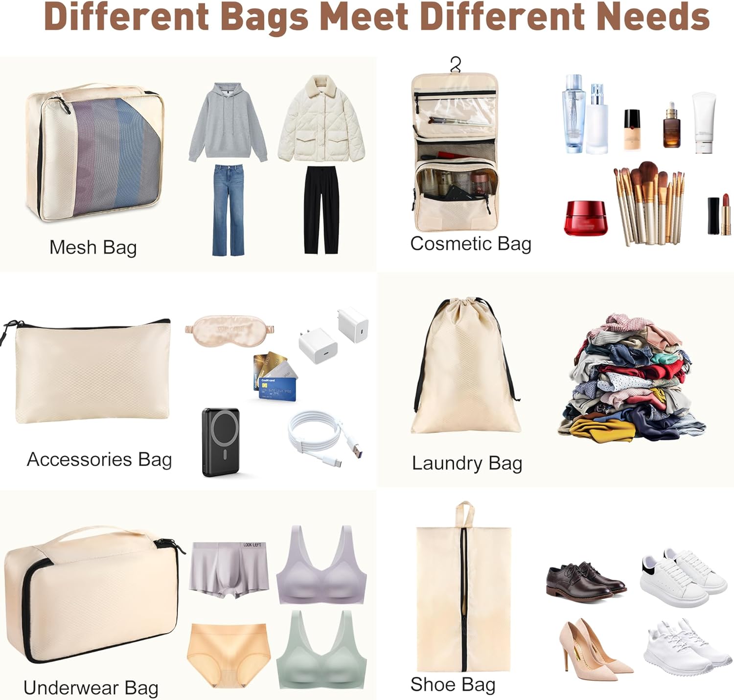 8-Piece Packing Cubes for Travel, Mesh Luggage Organizers with Shoe Bag, Toiletry Bag, Laundry Pouches, 4 Sizes (XL/L/M/S) for Suitcase Organization, Men Women Kids, Beige - Image 4