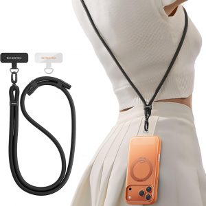 TORRAS Phone Lanyard Crossbody with 2 Phone Tabs, Adjustable Anti Theft Phone Strap for All Phones, Premium Metal Buckles, Skin-Friendly, Universal Cell Phone Neck lanyard for Travel Essentials, Black