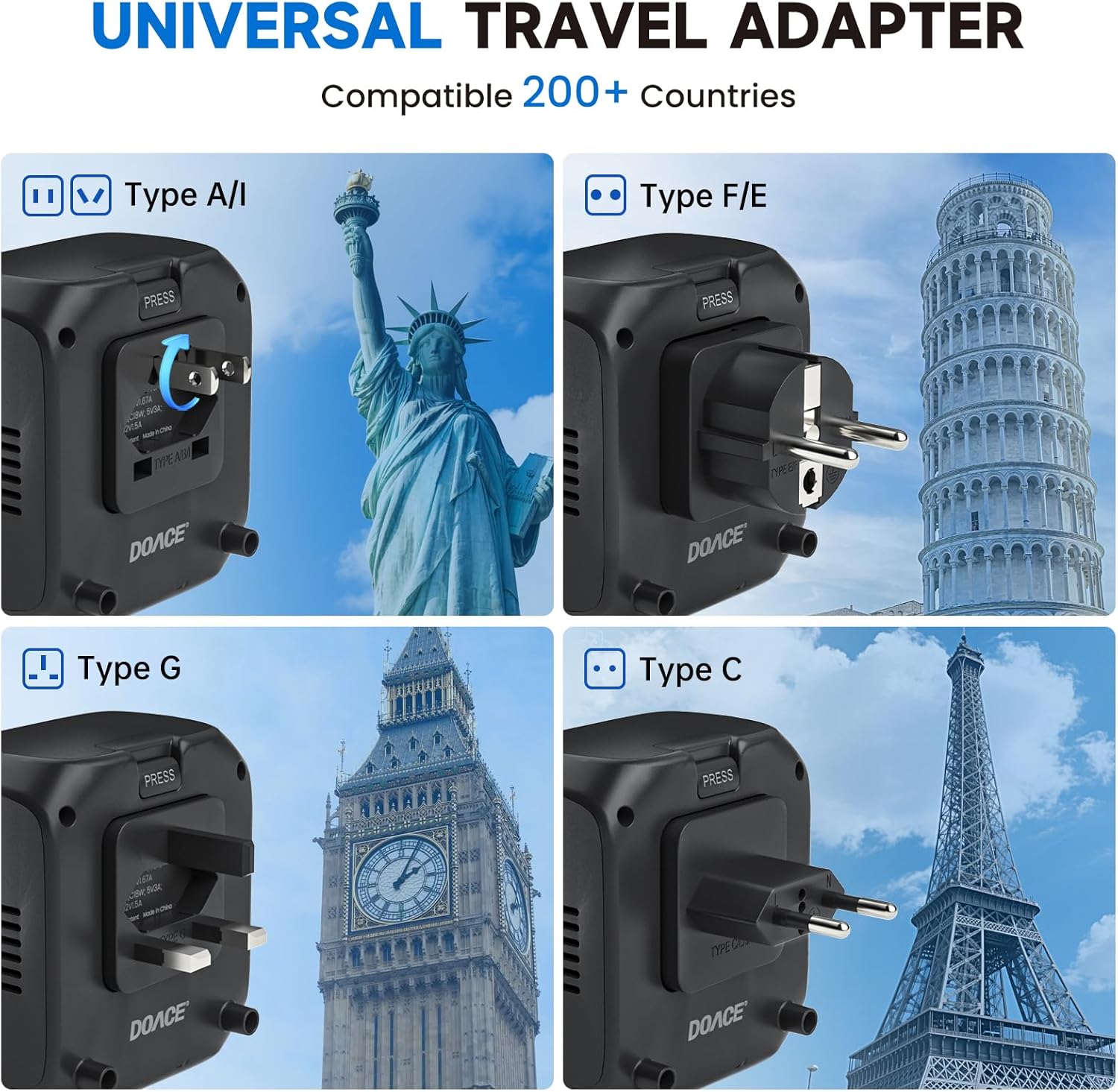 DOACE 220V to 110V Voltage Converter US to Europe, 2000W Travel Voltage Converter for Hair Dryer Straightener Curling Iron,10A Power Adapter with PD20W 2USB and UK/EU/AU Plugs, Black - Image 8