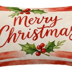 FGFK Retro Red Merry Christmas 12×20 Pillow Cover, Christmas Bedroom Decor, Holly Berries Winter Holiday Lumbar Pillow Covers Decorative for Home Living Room Bedroom Sofa Couch