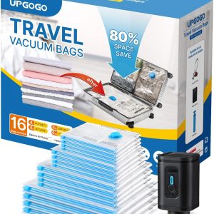 UPGOGO Combo 16 Pack Travel Vacuum Bags with Portable Electric Pump, Space Saver Vacuum Storage Bags for Clothing and Luggage, Travel Essentials