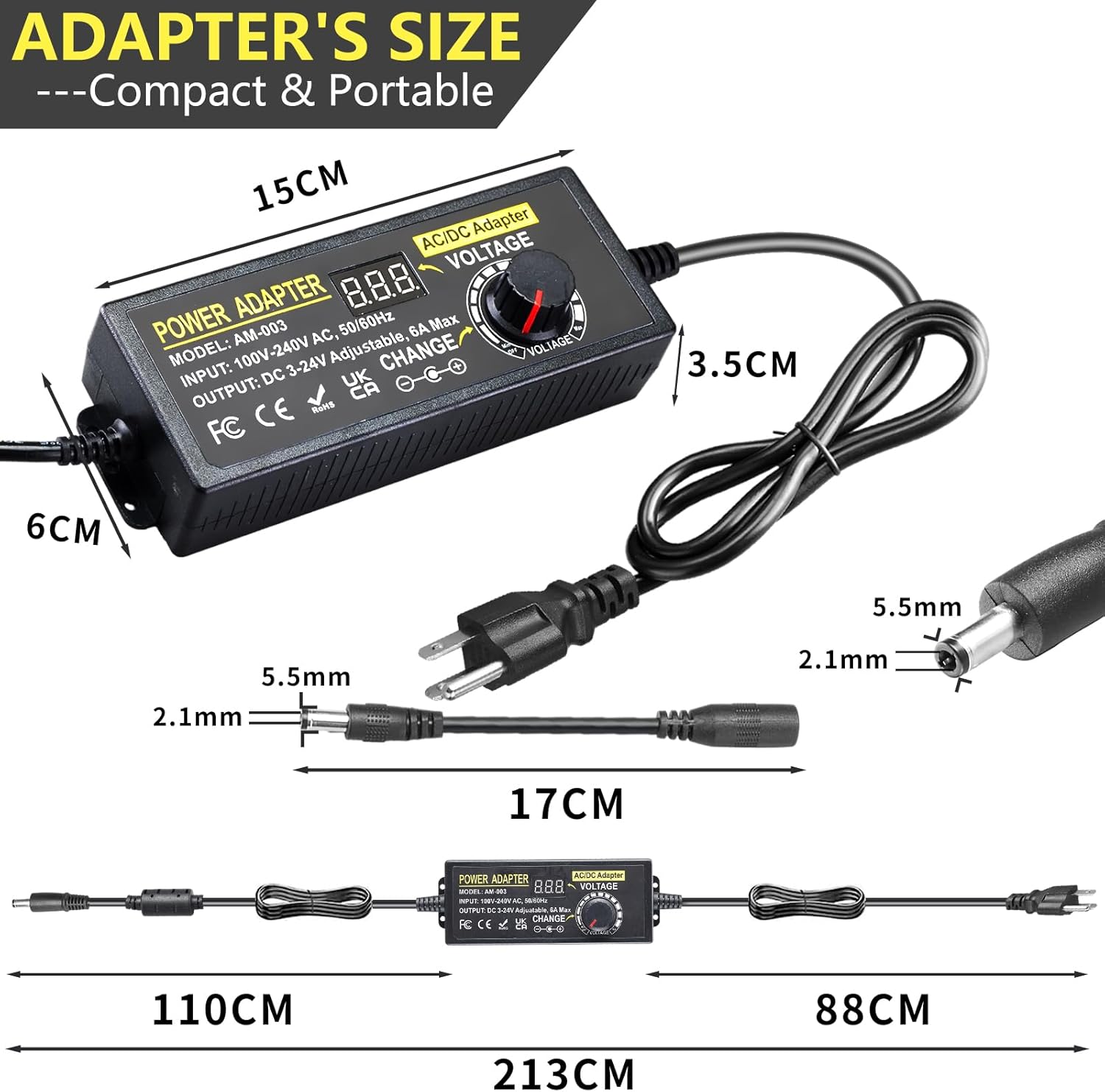 144W Adjustable Power Supply Adapter 3V~24V 6A Universal Variable Switching Power Adapter 100V-240V AC to DC Converter Transformer with 14 Tips&Polarity Converter3V 5V 6V 9V 12V 15V 16V 18V19V20V24V - Image 3