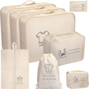 8 Set Travel Packing Organizers- Luggage Organizer for Suitcase Organization with Hanging Toiletry, Shoe & Laundry Bags, Packing Cubes for Travel Essentials, Cute Gifts for Women, Beige