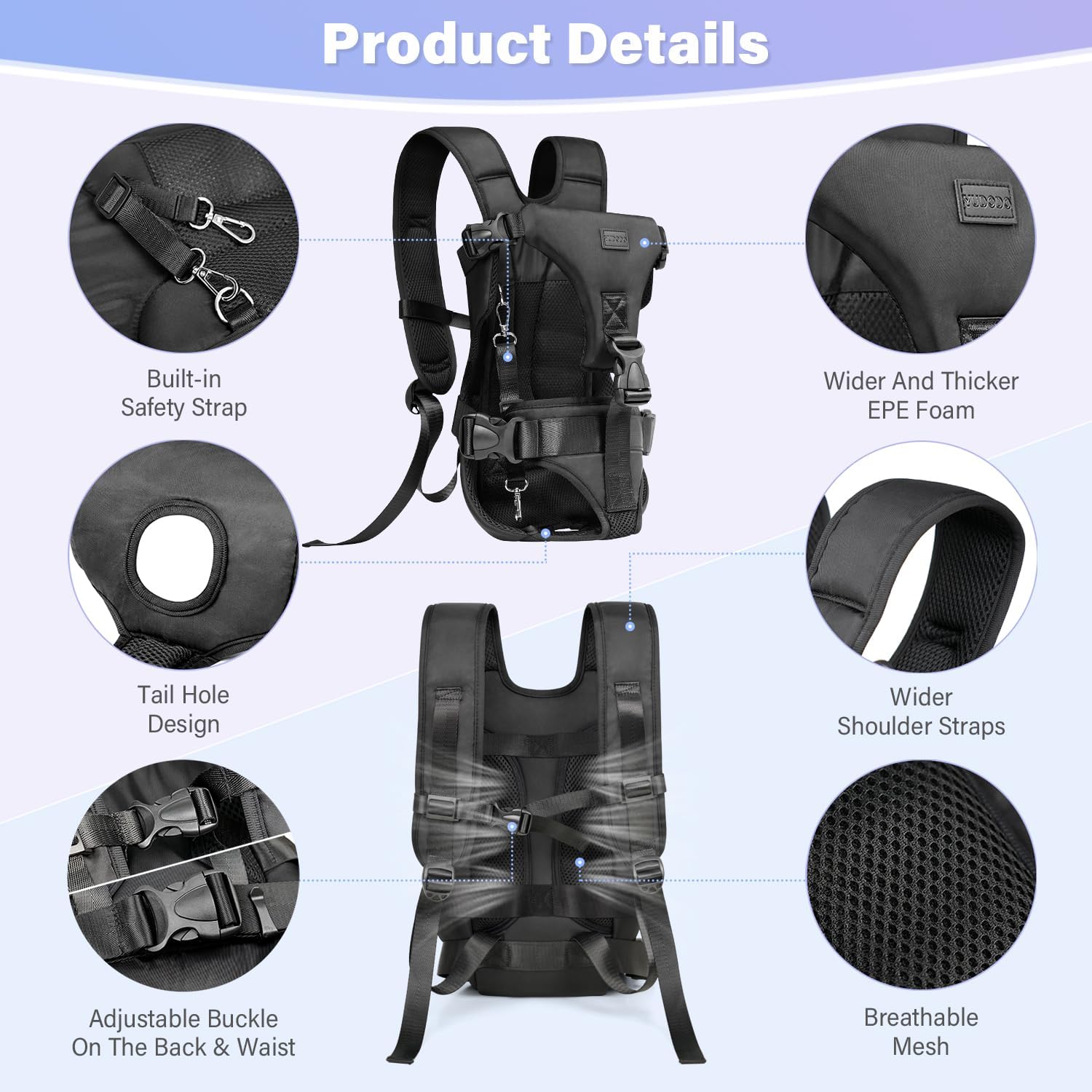 YUDODO Front Pet Carrier Backpack for Small Dogs and Cats, Secure and Breathable Mesh, Ergonomic Support, Adjustable for Walking, Hiking, or Travel (Black-Pro M) - Image 5