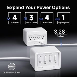 Gitryin 12-in-1 Desktop Charging Station with 3 Retractable Type-C Chargers and 1 Lightning Charger, 40W USB-C Power Strip with 33.5in Cable, Extension Cord with 1020J Surge Protection for Home Office