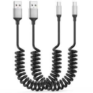 Coiled USB C Cable for Car 2Pack, 3A USB Type C Charger Cable Fast Charging, Retractable Android USB A to USB C Charge Cord for iPhone 17 16 15 Pro Max Plus, Galaxy S24 S23 S22, Note 20 10, Moto G, LG