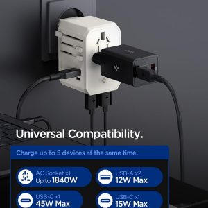 Spigen Universal Travel Adapter, 45W International AC Plug Adapter, International Travel Charger for EU UK AUS, Worldwide Travel Adapter, 2 USB-A & 2 USB-C Multiple Ports for Mobile, Dune Beige