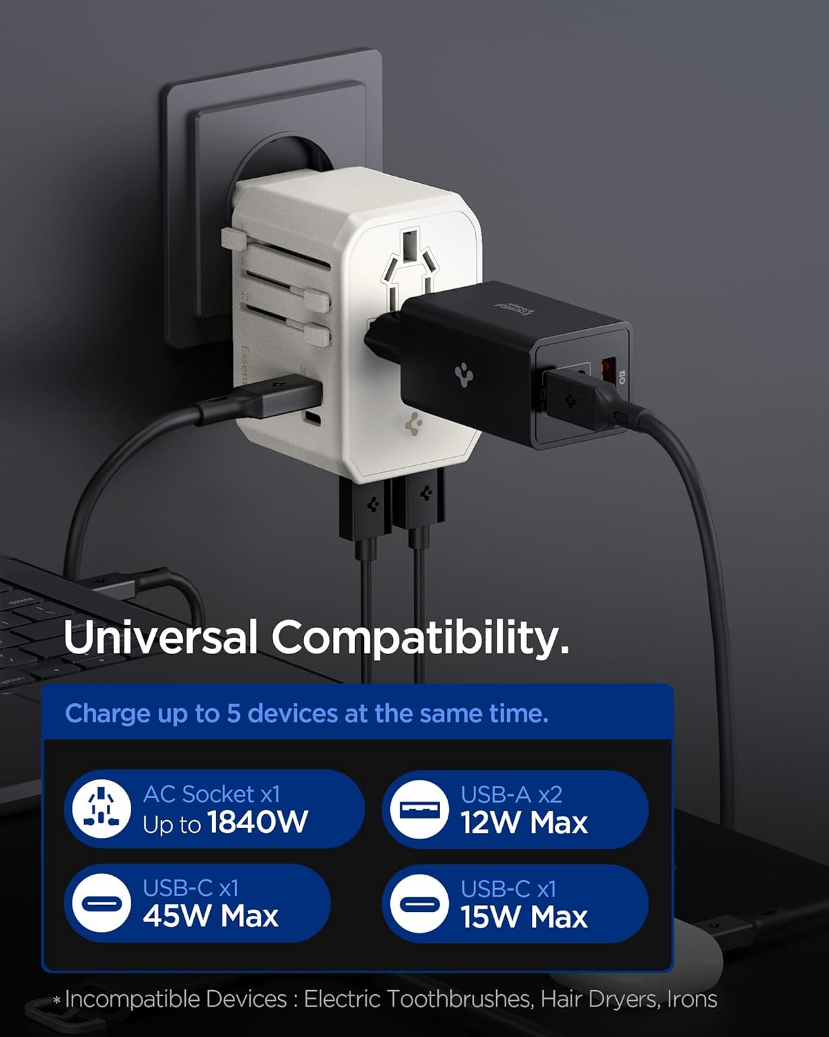 Spigen Universal Travel Adapter, 45W International AC Plug Adapter, International Travel Charger for EU UK AUS, Worldwide Travel Adapter, 2 USB-A & 2 USB-C Multiple Ports for Mobile, Dune Beige - Image 2