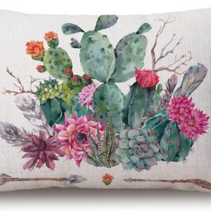 Solekla Watercolor Cactus with Flowers Lumbar Throw Pillow Cover 12×20 Inch Decorative Bedroom Living Room Rectanglar Cushion Case for Bed Sofa Couch