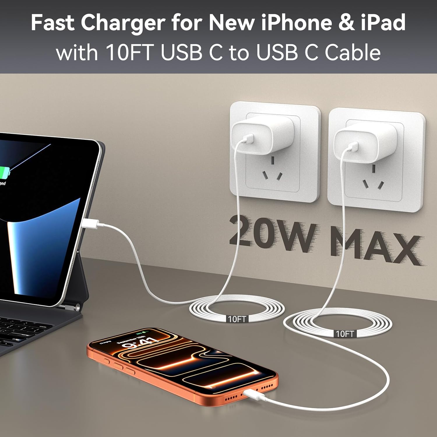iPhone 17 16 15 Pro Max Charger 10 FT, iPhone 17 Charger Fast Charging Cord Long USB C 10FT Cable with 20W PD Fast iPhone 17 Pro Max Chargers Block for Apple iPhone 17/17 Pro Max/17 Air/16/15, iPad - Image 8
