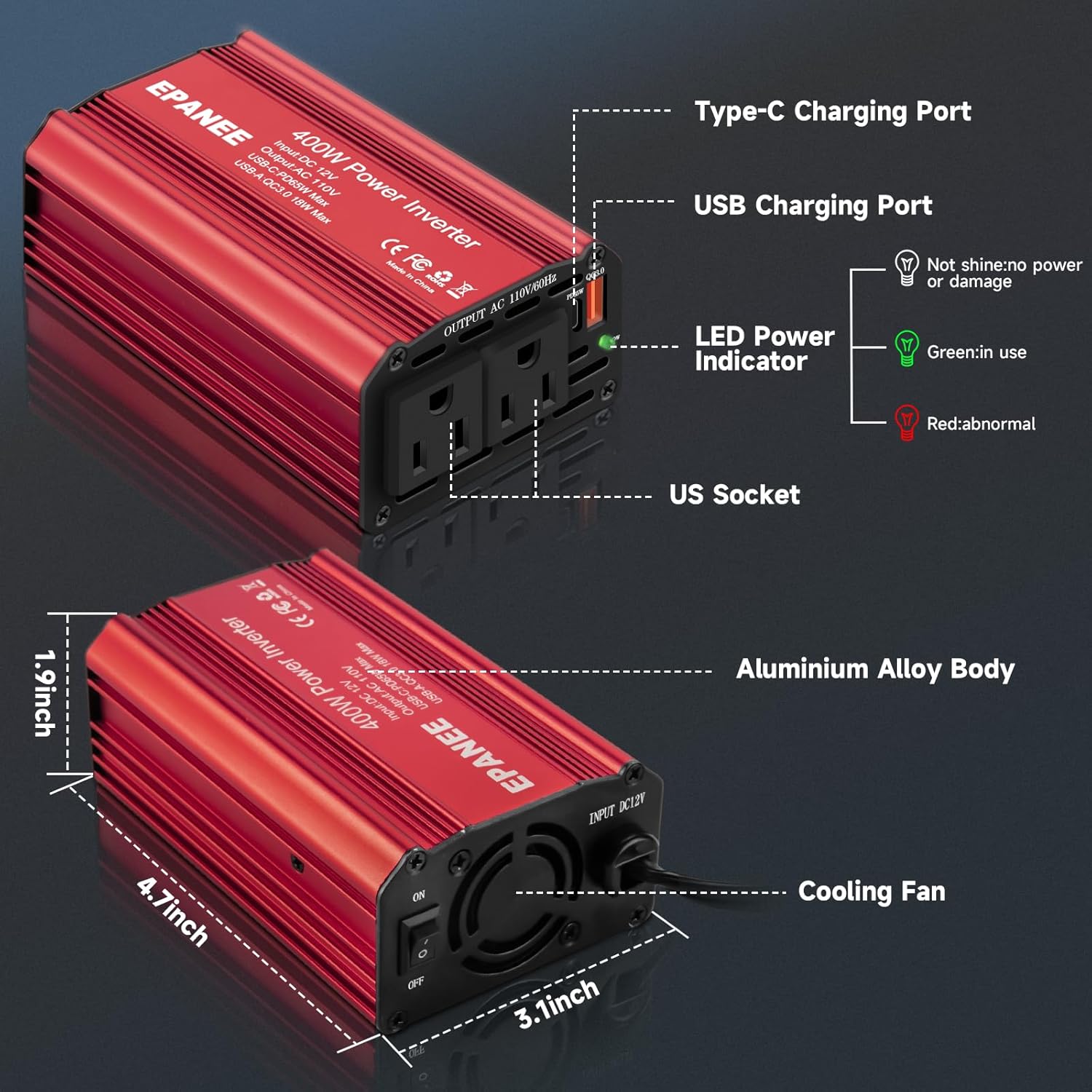 400W Power Inverter 12V DC to 110V AC, Car Charger Plug in Adapter Outlet with PD 65W USB-C&QC 18W Port, Portable Power Converters for Laptop Vehicles Camping Road Trip Essentials Adults - Image 6