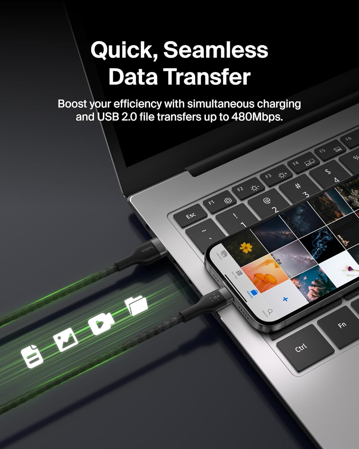 Belkin BoostCharge Pro Flex Braided USB-C to USB-A Cable (6.6ft/2M), USB-C USB-IF Certified Fast Charging Cable for iPhone 17, iPad Pro, Galaxy S25, Pixel, Nintendo Switch 2 & More - Black (2-Pack) - Image 6