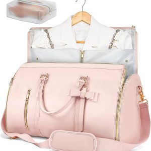 Garment Bags for Travel, Convertible Suit Travel Bag for Women, Stylish Carry On Garment Bag with Toiletry Pocket, Shoulder Strap and Shoes Compartment, 2 in 1 Foldable PU Leather Duffle Bag, Pink