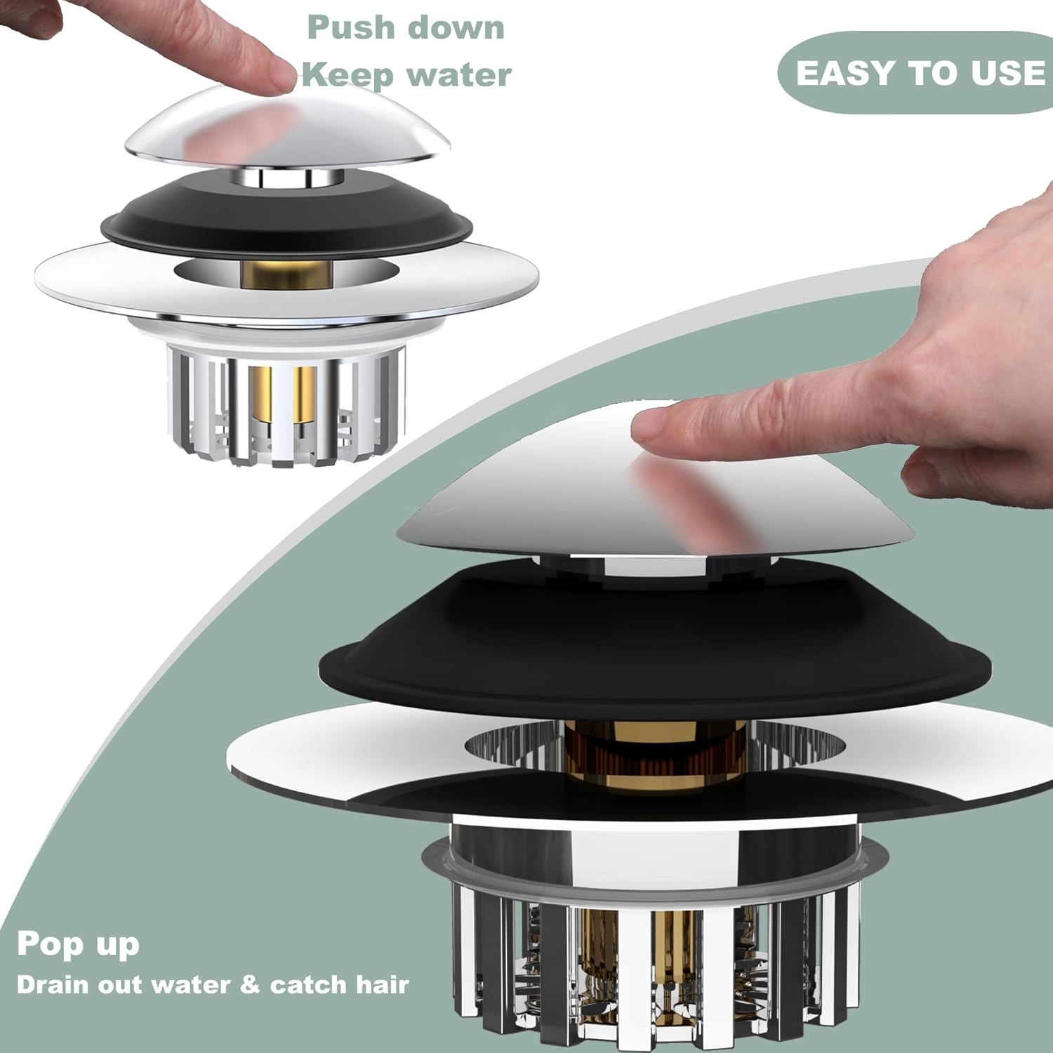 Bathtub Drain Stopper, Bath tub Drain Hair Catcher, Universal Bathtub Stopper, Bath tub Plug, Pop-up Tub Stopper with Effective Filter Basket, Anti-Clogging Sink Stopper & Tub Shroom (Chrome) - Image 3