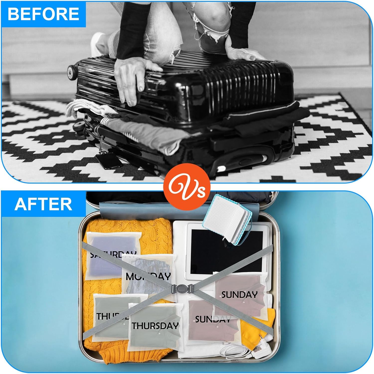 14Pcs Days of Week Packing Cubes Travel Organizer Pouches for Suitcases Lightweight Packing Travel Pouches for Vacations Home Storage and Organizing Bags, Clothing Packaging Bags - Image 6