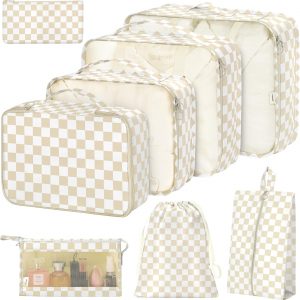 8 Set Packing Cubes for Suitcases,Packing Cube with Shoe, Cosmetics, Clothing, and Accessories Bags Packing Cubes for Travel Luggage Organizer Women Men(Khaki Checkered)
