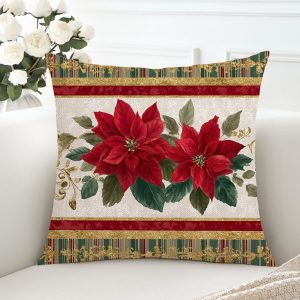 ubcindy Christmas Poinsettia Winter Throw Pillow Covers 18×18 Inch, Red Green Golden Art Home Decor Pillowcases with Hidden Zipper, Square Cushion Covers Pillow Covers for Sofa Bed Couch Car Chair