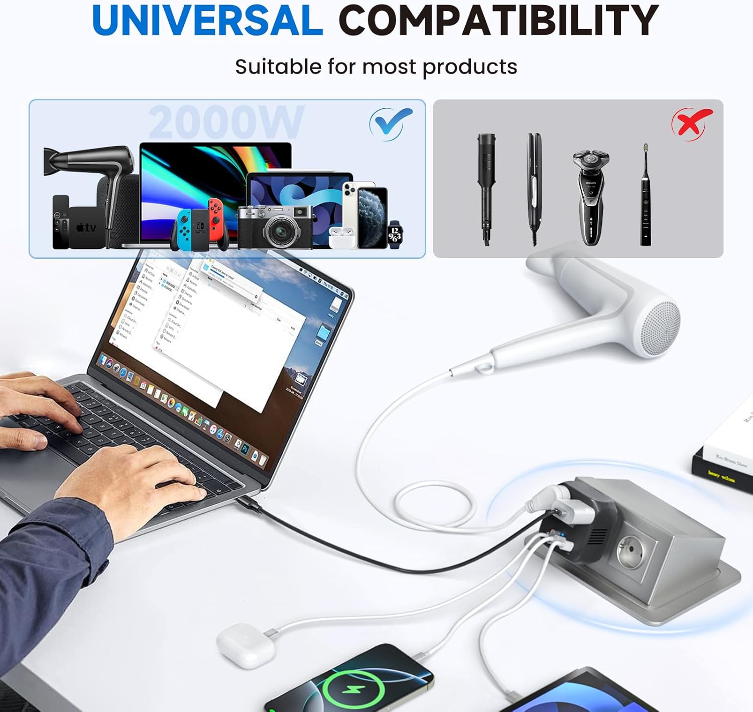 DOACE 220V to 110V Voltage Converter US to Europe, 2000W Travel Voltage Converter for Hair Dryer Straightener Curling Iron,10A Power Adapter with PD20W 2USB and UK/EU/AU Plugs, Black - Image 3